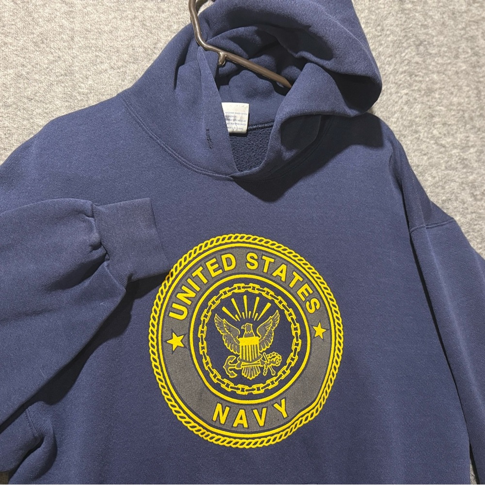 United States Navy Vtg Hoodie Mens Adult L blue Soffe USA Made *No Drawstring